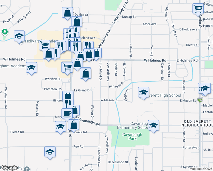 map of restaurants, bars, coffee shops, grocery stores, and more near 3630 Lowcroft Avenue in Lansing