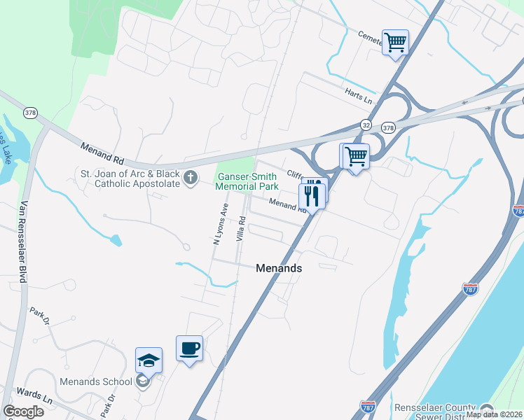 map of restaurants, bars, coffee shops, grocery stores, and more near 21 Tillinghast Avenue in Menands