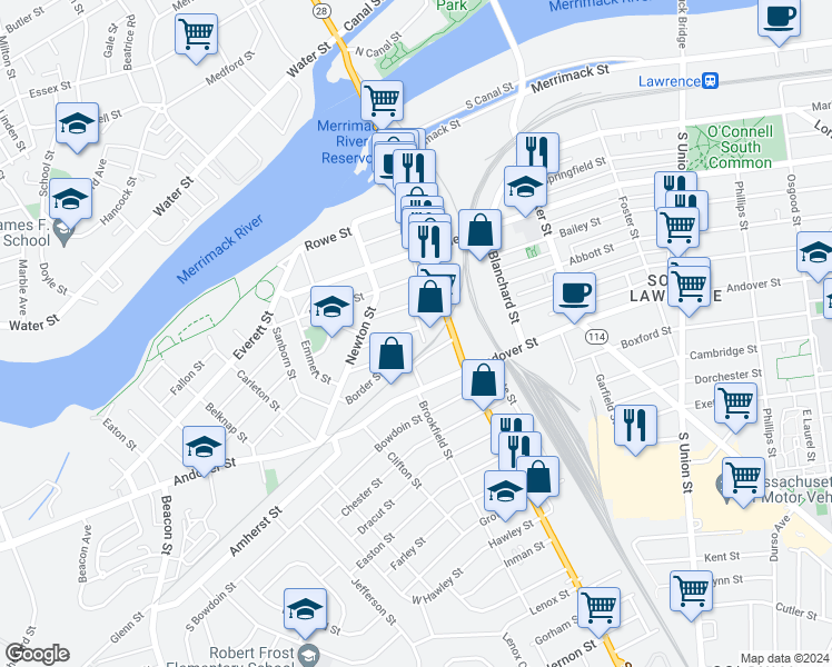 map of restaurants, bars, coffee shops, grocery stores, and more near 4 Atkinson Street in Lawrence