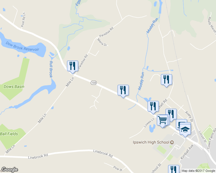 map of restaurants, bars, coffee shops, grocery stores, and more near 203 High Street in Ipswich