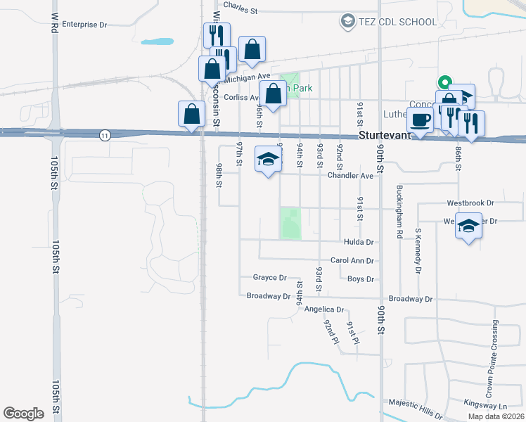 map of restaurants, bars, coffee shops, grocery stores, and more near 3213 96th Street in Sturtevant