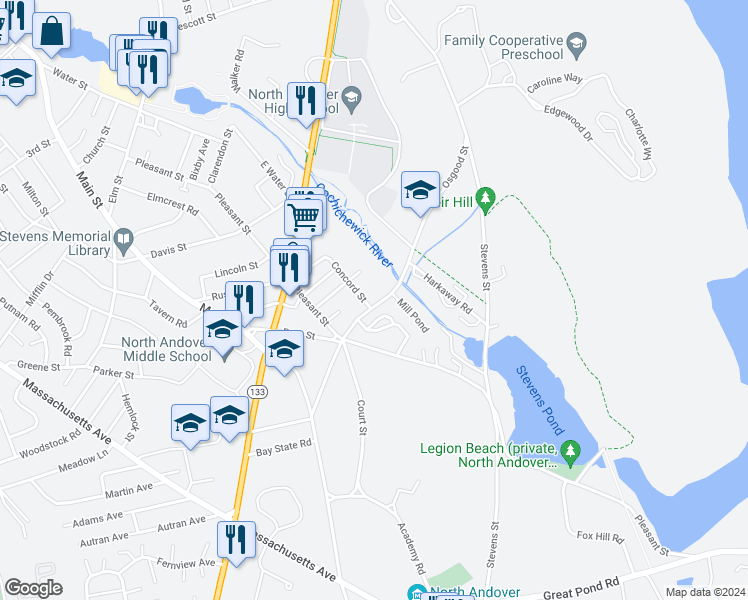 map of restaurants, bars, coffee shops, grocery stores, and more near 3 Concord Street in North Andover