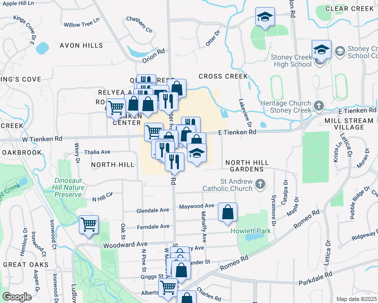 map of restaurants, bars, coffee shops, grocery stores, and more near 1480 North Rochester Road in Rochester Hills