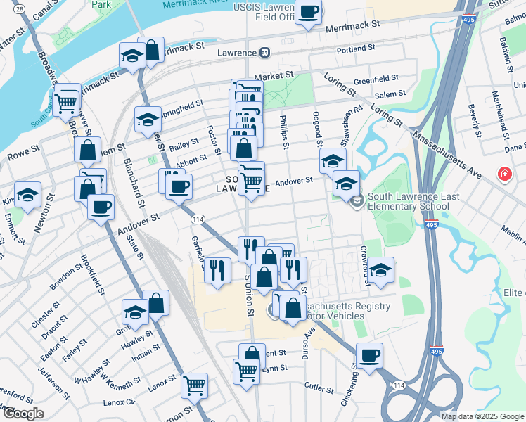 map of restaurants, bars, coffee shops, grocery stores, and more near 88c Boxford Street in Lawrence