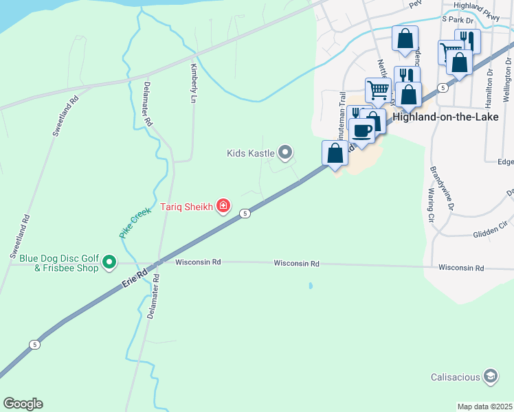 map of restaurants, bars, coffee shops, grocery stores, and more near 7077-7159 Erie Road in Derby