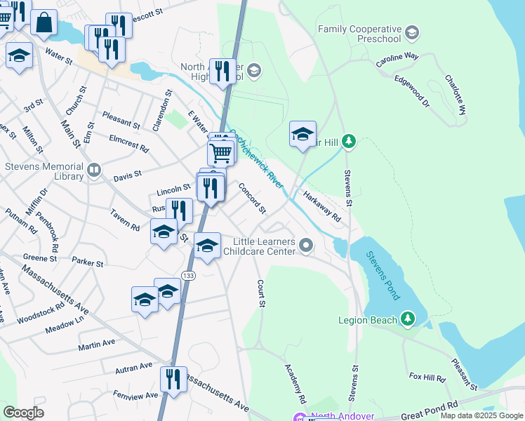 map of restaurants, bars, coffee shops, grocery stores, and more near 10 Concord Street in North Andover