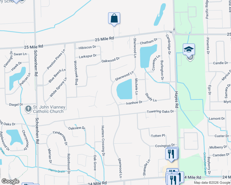 map of restaurants, bars, coffee shops, grocery stores, and more near 54178 Sherwood Lane in Macomb County