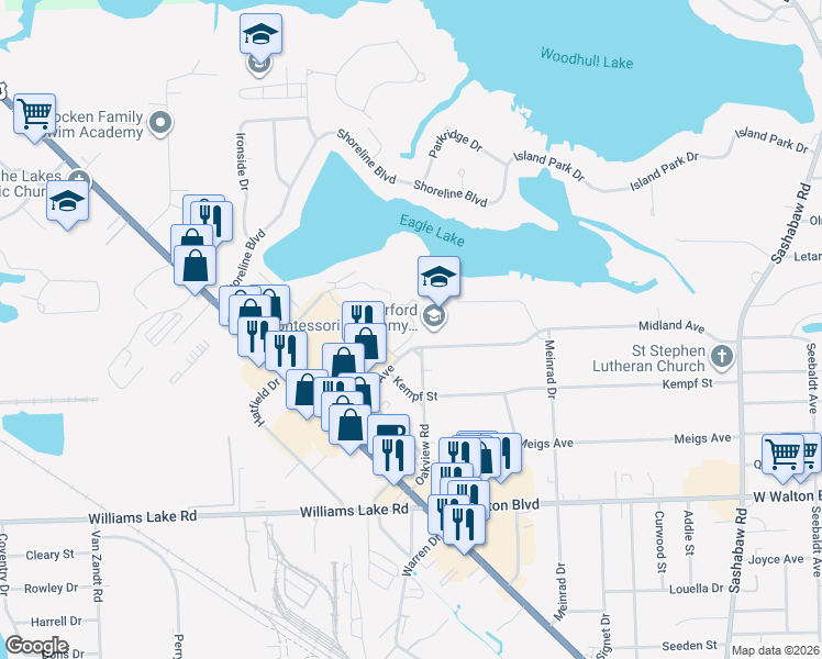 map of restaurants, bars, coffee shops, grocery stores, and more near 4887 Oak Hill Drive in Waterford Township