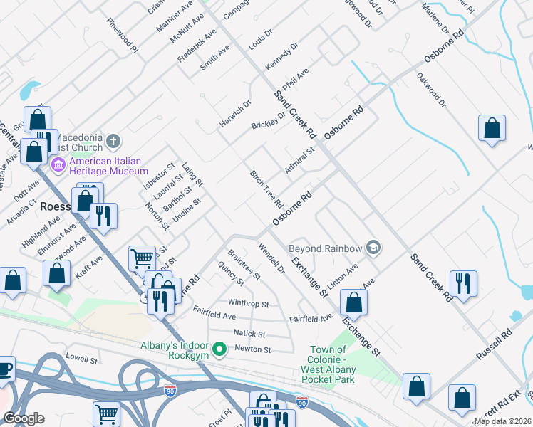 map of restaurants, bars, coffee shops, grocery stores, and more near 3 Leach Avenue in Albany
