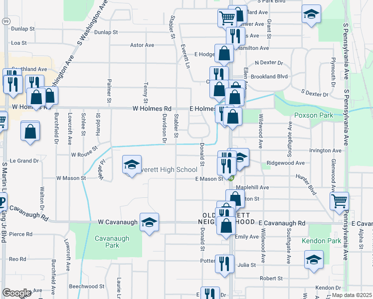 map of restaurants, bars, coffee shops, grocery stores, and more near 121 East Rouse Street in Lansing