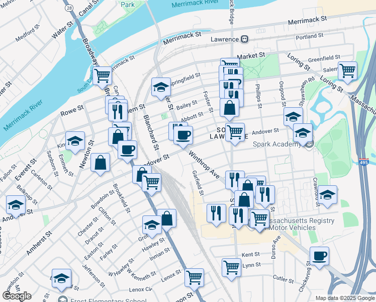 map of restaurants, bars, coffee shops, grocery stores, and more near 3 Winthrop Avenue in Lawrence