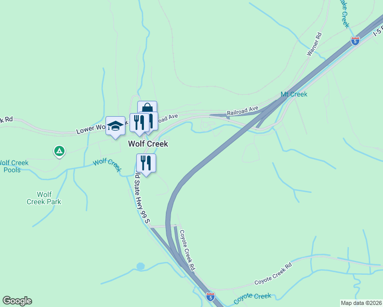 map of restaurants, bars, coffee shops, grocery stores, and more near 997 Old Highway 99 South in Wolf Creek