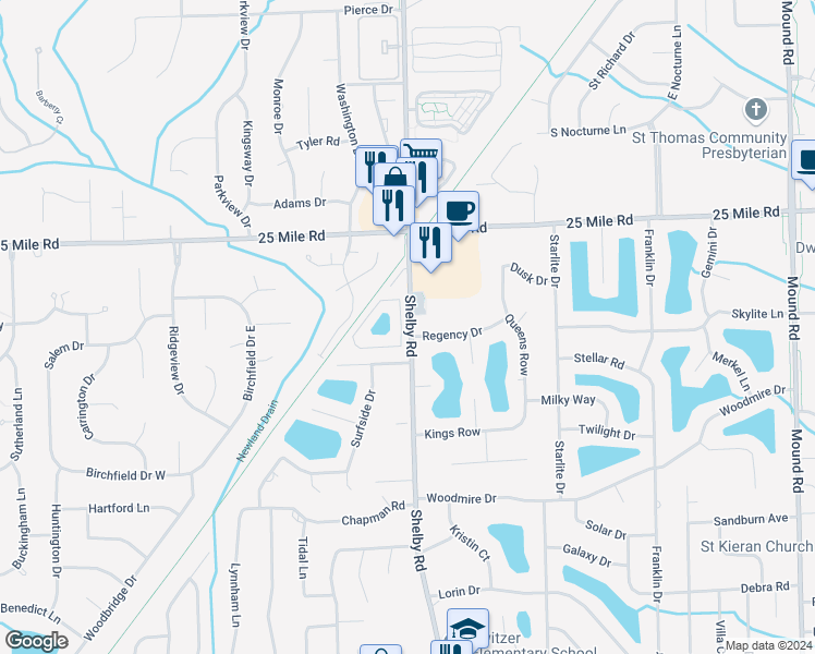 map of restaurants, bars, coffee shops, grocery stores, and more near in Shelby Township