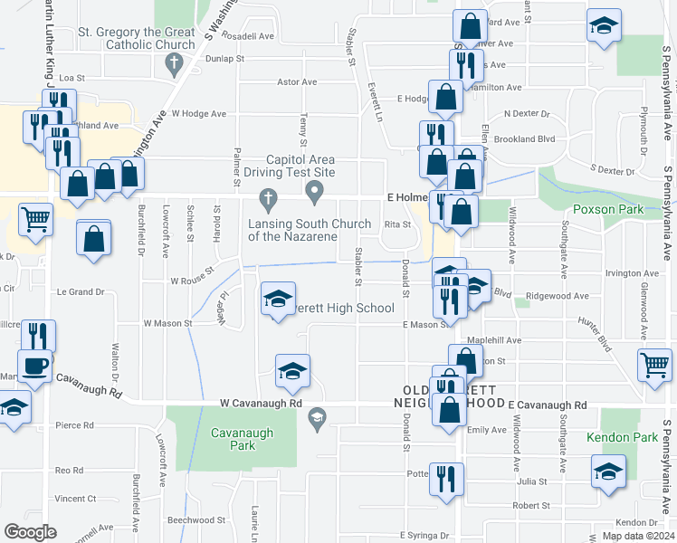 map of restaurants, bars, coffee shops, grocery stores, and more near 3518 Davidson Drive in Lansing