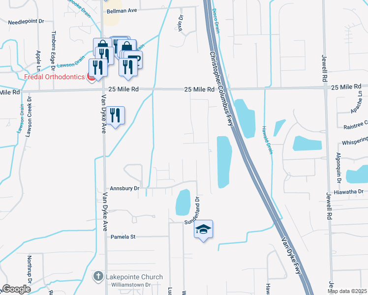 map of restaurants, bars, coffee shops, grocery stores, and more near 8716 Springer Lane in Macomb County
