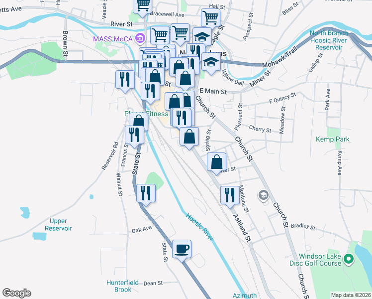 map of restaurants, bars, coffee shops, grocery stores, and more near 139 Ashland St in North Adams