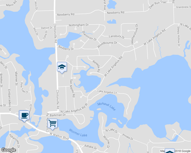 map of restaurants, bars, coffee shops, grocery stores, and more near 3825 Reseda Court in Waterford charter Township