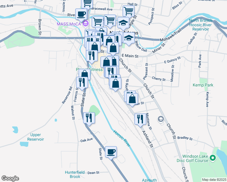 map of restaurants, bars, coffee shops, grocery stores, and more near 139 Ashland Street in North Adams