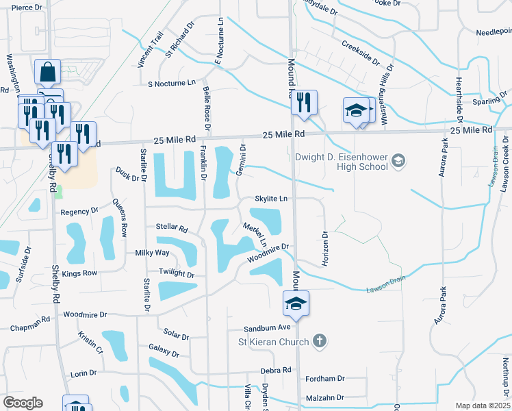 map of restaurants, bars, coffee shops, grocery stores, and more near 5700 Skylite Lane in Macomb County
