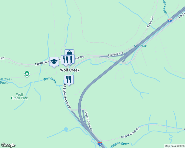 map of restaurants, bars, coffee shops, grocery stores, and more near 997 Old Highway 99 South in Wolf Creek