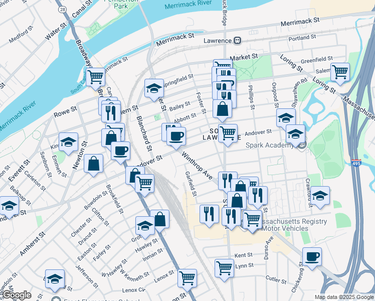 map of restaurants, bars, coffee shops, grocery stores, and more near 3 Winthrop Avenue in Lawrence