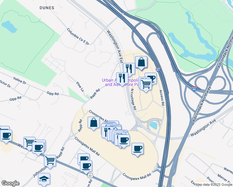 map of restaurants, bars, coffee shops, grocery stores, and more near 140 Washington Avenue Extension in Albany