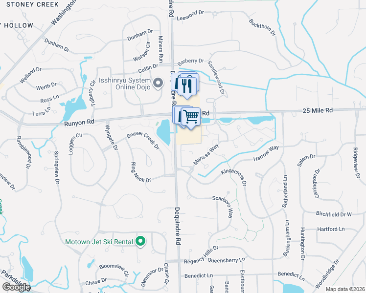 map of restaurants, bars, coffee shops, grocery stores, and more near 54601 Monarch Drive in Macomb County