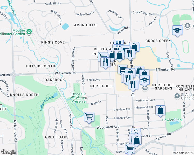 map of restaurants, bars, coffee shops, grocery stores, and more near 313 Thalia Avenue in Rochester Hills