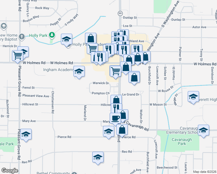 map of restaurants, bars, coffee shops, grocery stores, and more near 1213 Pompton Circle in Lansing