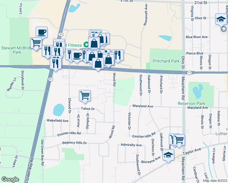 map of restaurants, bars, coffee shops, grocery stores, and more near 3204 Wood Road in Mount Pleasant