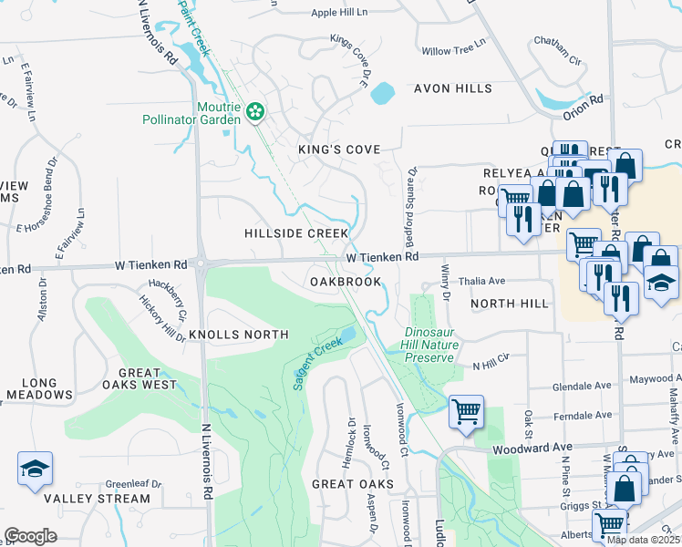 map of restaurants, bars, coffee shops, grocery stores, and more near 722 Oak Brook Ridge Drive in Rochester Hills