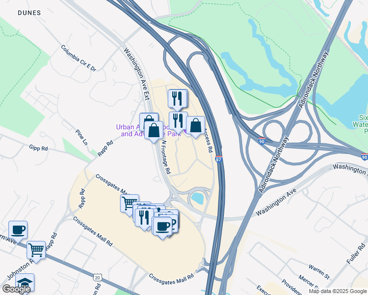 map of restaurants, bars, coffee shops, grocery stores, and more near 141 Washington Avenue Extension in Albany