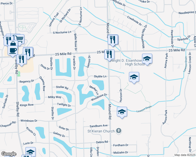 map of restaurants, bars, coffee shops, grocery stores, and more near 5700 Skylite Lane in Macomb County