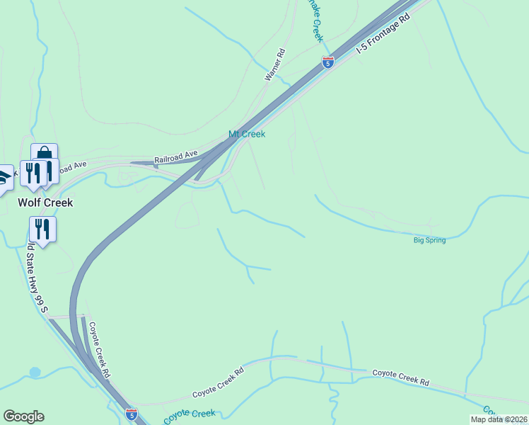 map of restaurants, bars, coffee shops, grocery stores, and more near 211 Interstate 5 Frontage Road in Wolf Creek