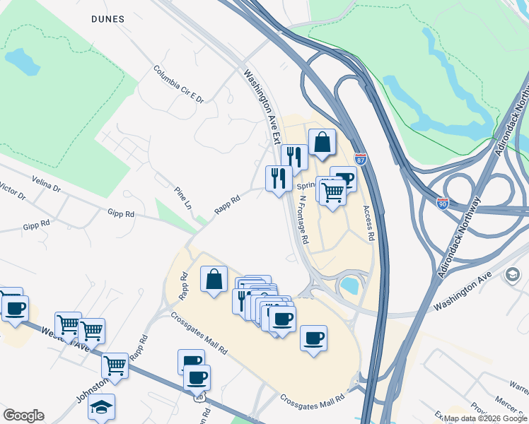 map of restaurants, bars, coffee shops, grocery stores, and more near 140 Washington Avenue Extension in Albany