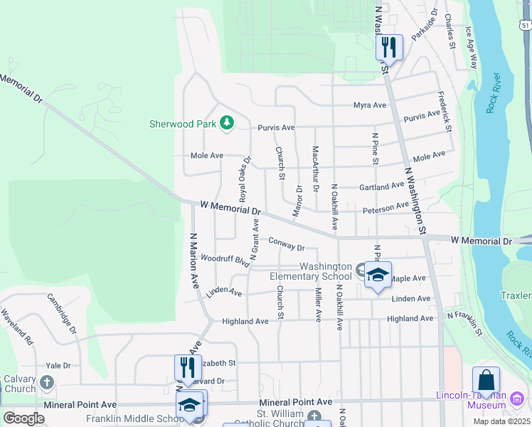 map of restaurants, bars, coffee shops, grocery stores, and more near 2200 West Memorial Drive in Janesville