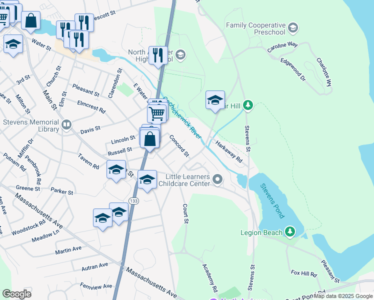 map of restaurants, bars, coffee shops, grocery stores, and more near 10 Concord Street in North Andover