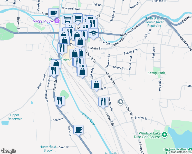 map of restaurants, bars, coffee shops, grocery stores, and more near 13-19 Willow Street in North Adams