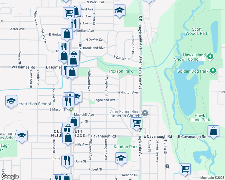 map of restaurants, bars, coffee shops, grocery stores, and more near 734 Irvington Avenue in Lansing