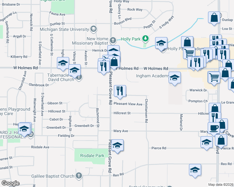 map of restaurants, bars, coffee shops, grocery stores, and more near 3709 Pleasant Grove Road in Lansing