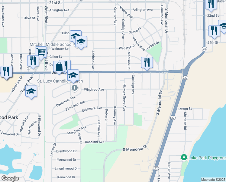 map of restaurants, bars, coffee shops, grocery stores, and more near 3121 Debra Lane in Racine