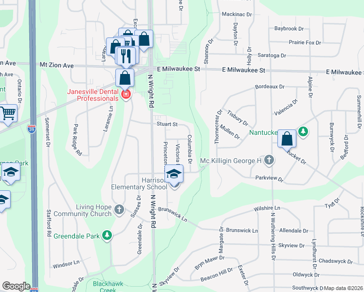 map of restaurants, bars, coffee shops, grocery stores, and more near 836 Victoria Place in Janesville