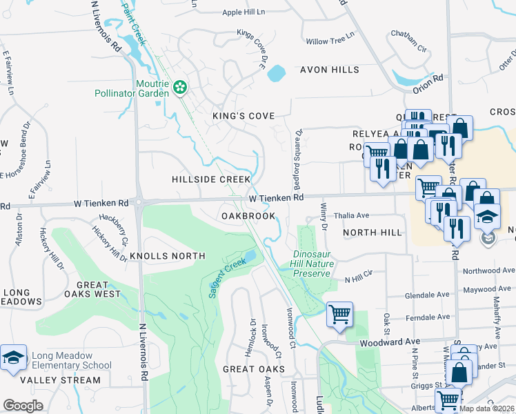 map of restaurants, bars, coffee shops, grocery stores, and more near 637 Oakbrook West in Rochester Hills