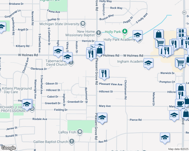 map of restaurants, bars, coffee shops, grocery stores, and more near 3620 Pleasant Grove Road in Lansing