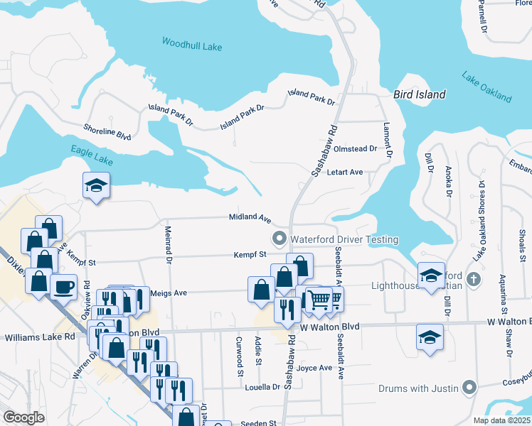 map of restaurants, bars, coffee shops, grocery stores, and more near 4397 Midland Avenue in Waterford Township