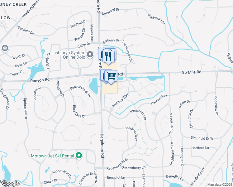 map of restaurants, bars, coffee shops, grocery stores, and more near 2077 Marissa Way in Shelby Township