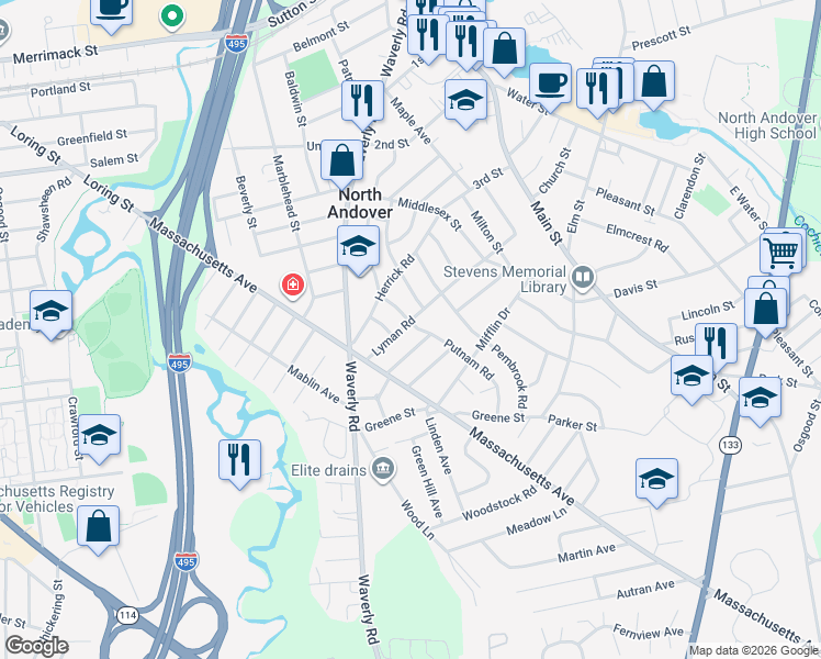 map of restaurants, bars, coffee shops, grocery stores, and more near 30 Hamilton Road in North Andover