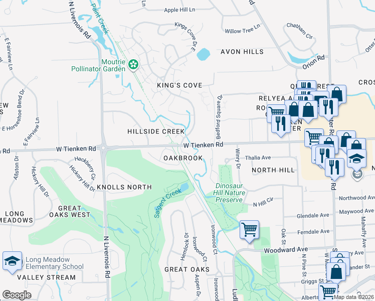 map of restaurants, bars, coffee shops, grocery stores, and more near 637 Oakbrook West in Rochester Hills