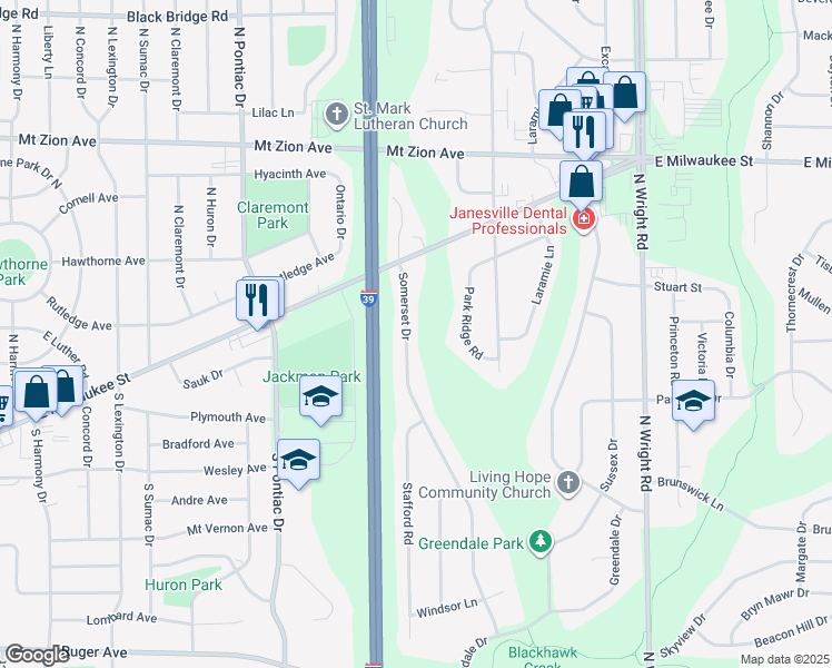 map of restaurants, bars, coffee shops, grocery stores, and more near 910 Somerset Drive in Janesville