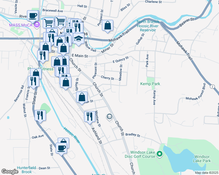 map of restaurants, bars, coffee shops, grocery stores, and more near 68 Elmwood Avenue in North Adams